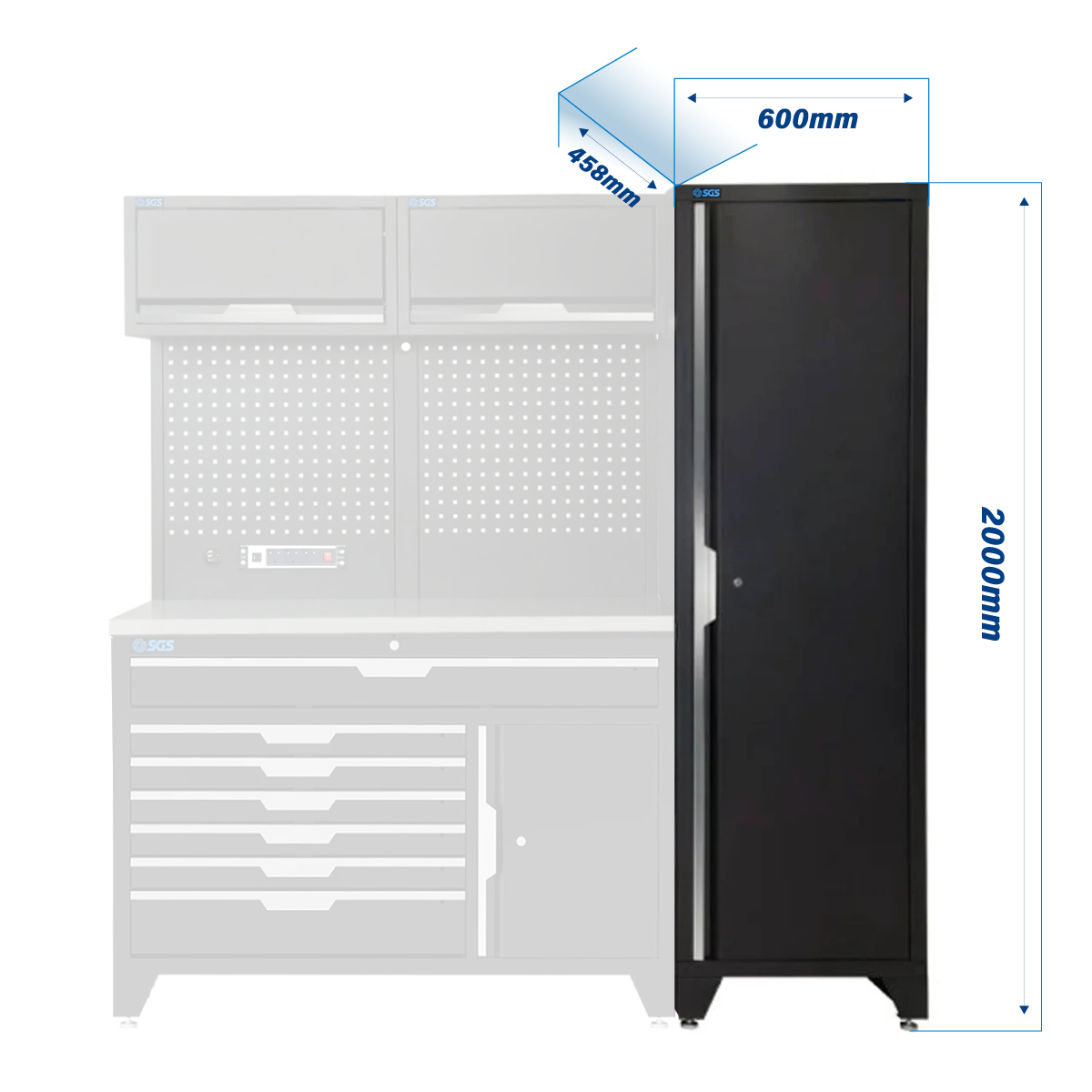 SGS 7pc Modular Garage Storage | Deeper Stainless Steel Double Worktop | 7 Drawers | 3x Lift‑Up Wall Cabinets | Deep Tall Single Cabinet | Pegboard with Power Strip